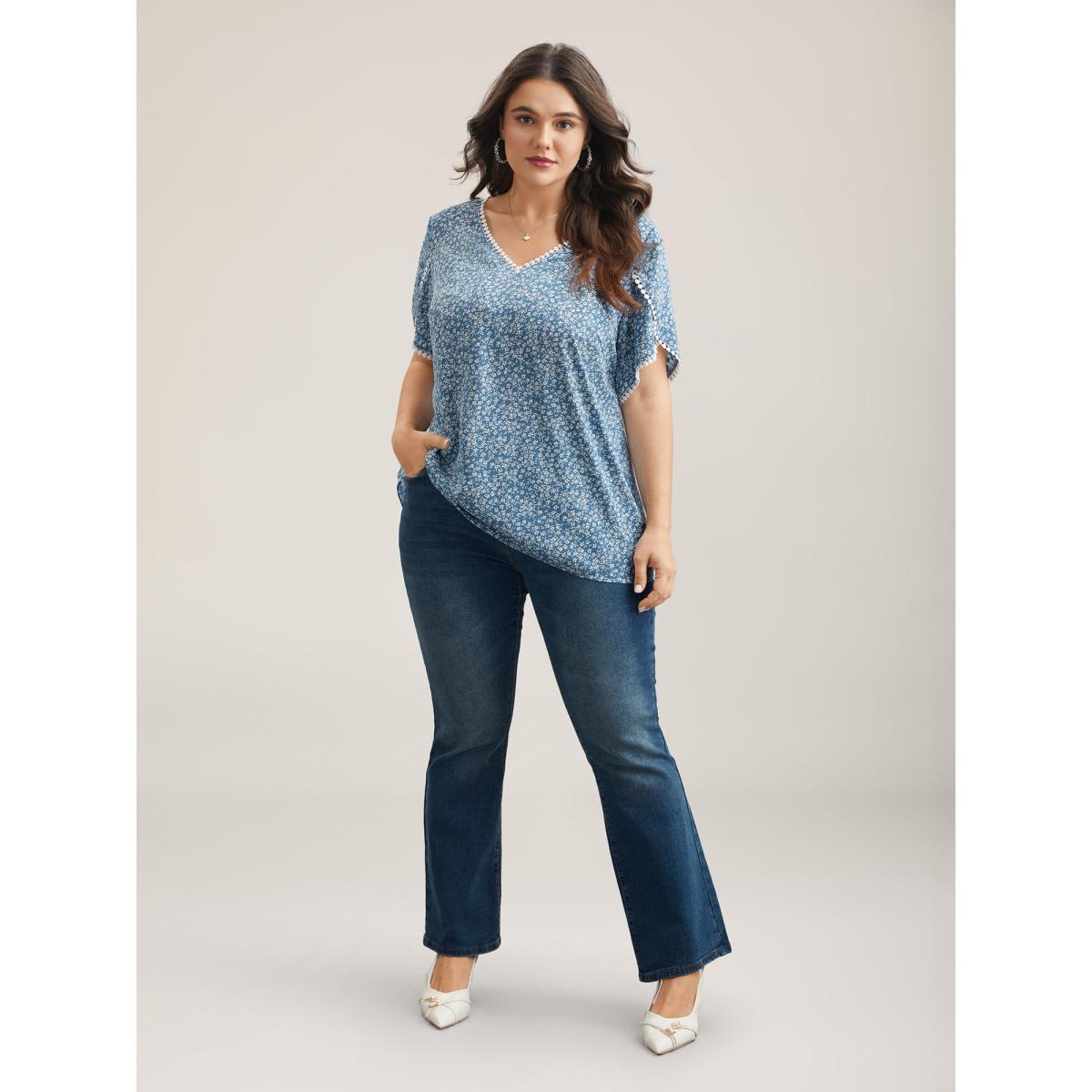 Plus Size Stone Petal Sleeve Floral Lace Spliced Shirt Women Romantic Short sleeve V-neck Elegant Blouses BloomChic 18-20/2X Product Image