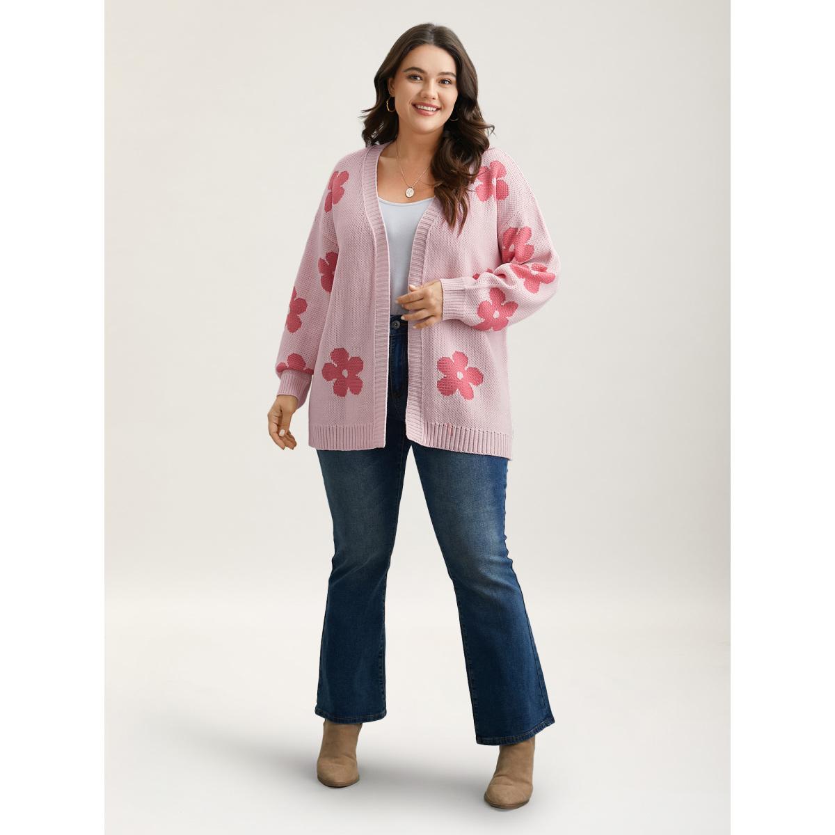Plus Size Floral Jacquard Ribbed Hem Knit Cardigan Lightpink Women Casual Loose Long Sleeve Everyday Cardigans BloomChic 12/L Product Image