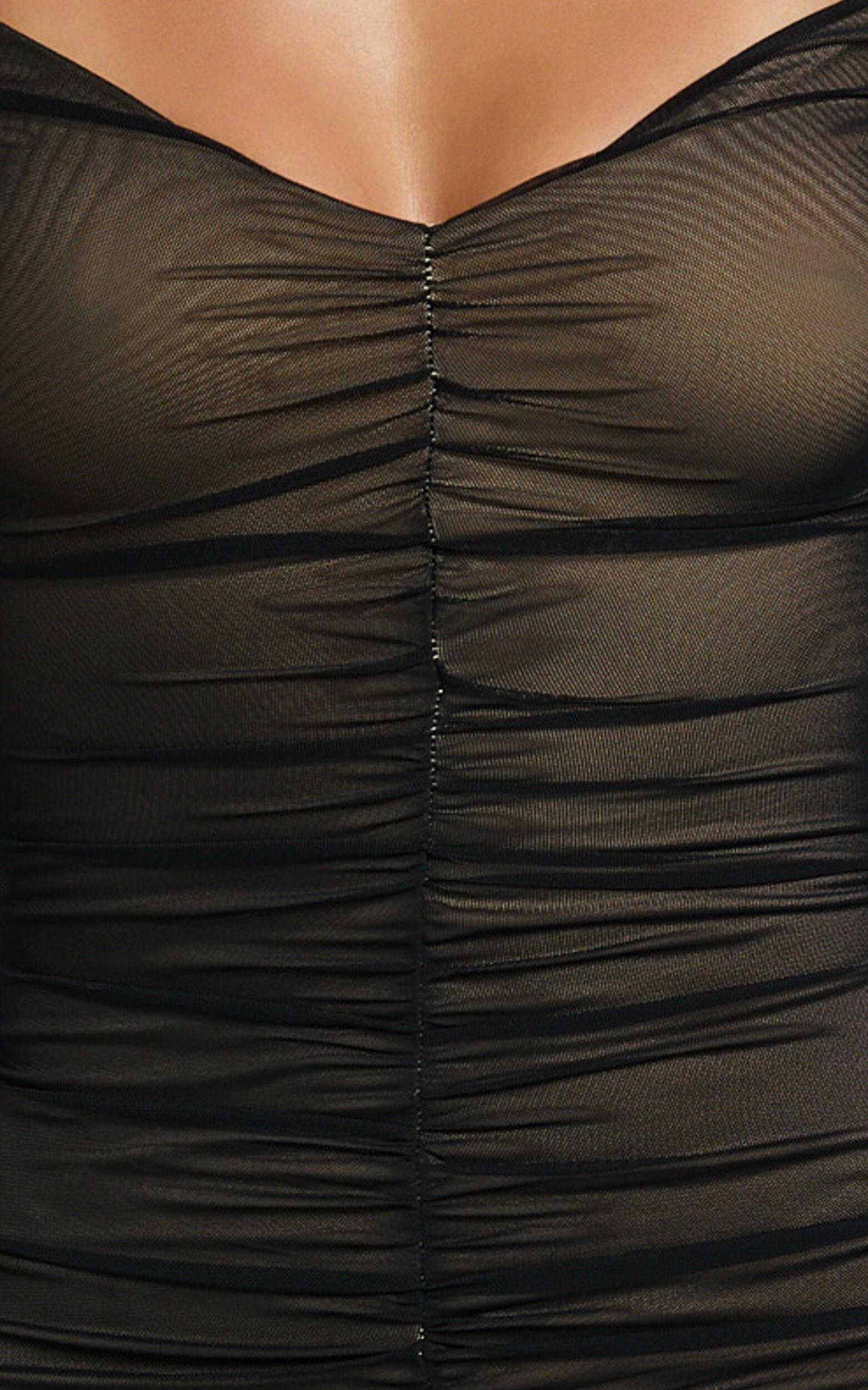 Dani Mini Dress - Mesh Long Sleeve Off Shoulder Ruched Dress in Black Product Image