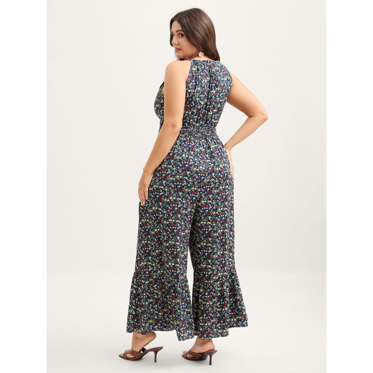 Plus Size Indigo Floral Print Shirred Waist Cami Jumpsuit Women Sleeveless Square Neck Elegant Loose Jumpsuits BloomChic 14-16/1X Product Image