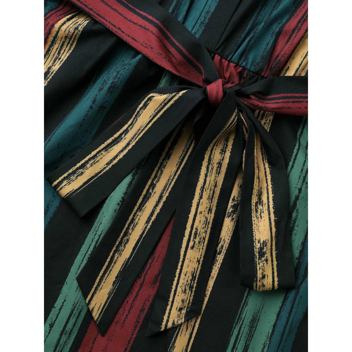 Plus Size Colored Striped Belted Lantern Sleeve Dress Multicolor Women At the Office Belted Knit Dresses Bloomchic 30/6X Product Image