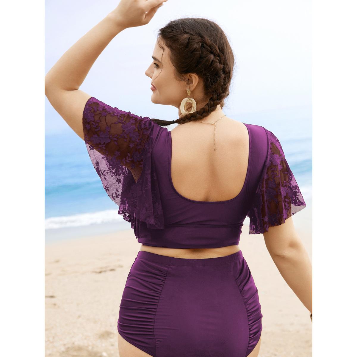 Plus Size U Neck Crochet Lace Mesh Swim Top Women's Swimwear Burgundy Resort Texture High stretch Skinny U-neck Curve Swim Tops BloomChic 26/4X Product Image