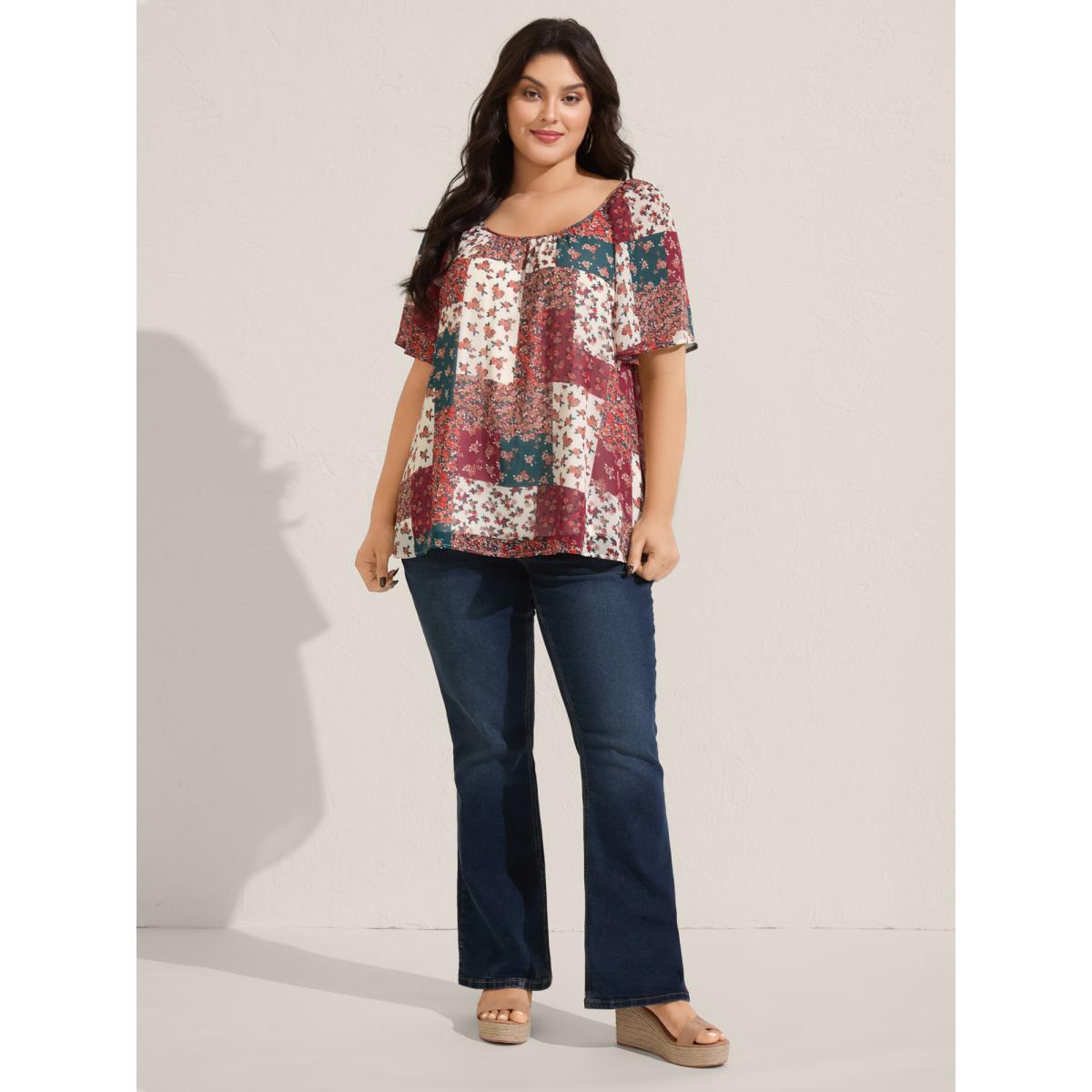 Plus Size Multicolor Boho Collage Print Backless Tie Blouse Women Boho Short sleeve Round Neck Vacation Blouses BloomChic 14-16/1X Product Image