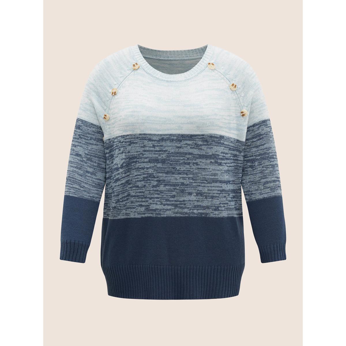 Plus Size Colorblock Contrast Heather Button Detail Pullover Indigo Women Leisure Long Sleeve Round Neck Casual Pullovers BloomChic 22-24/3X Product Image