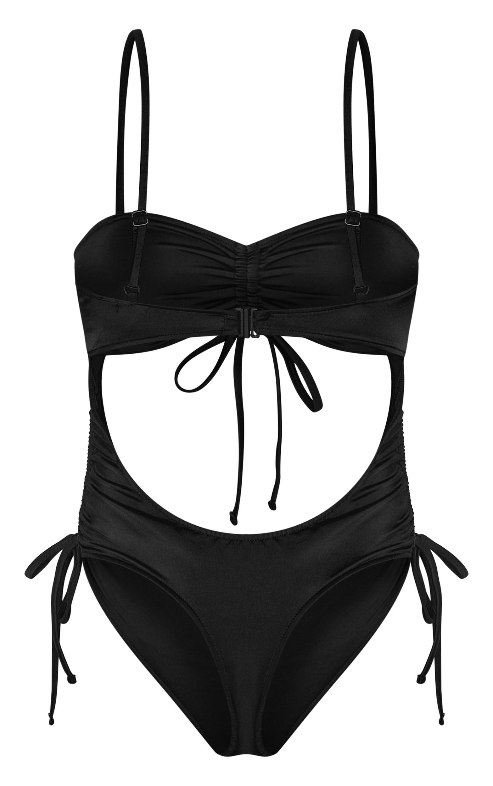 Black Ruched Cut Out Halter Tie Swimsuit Product Image