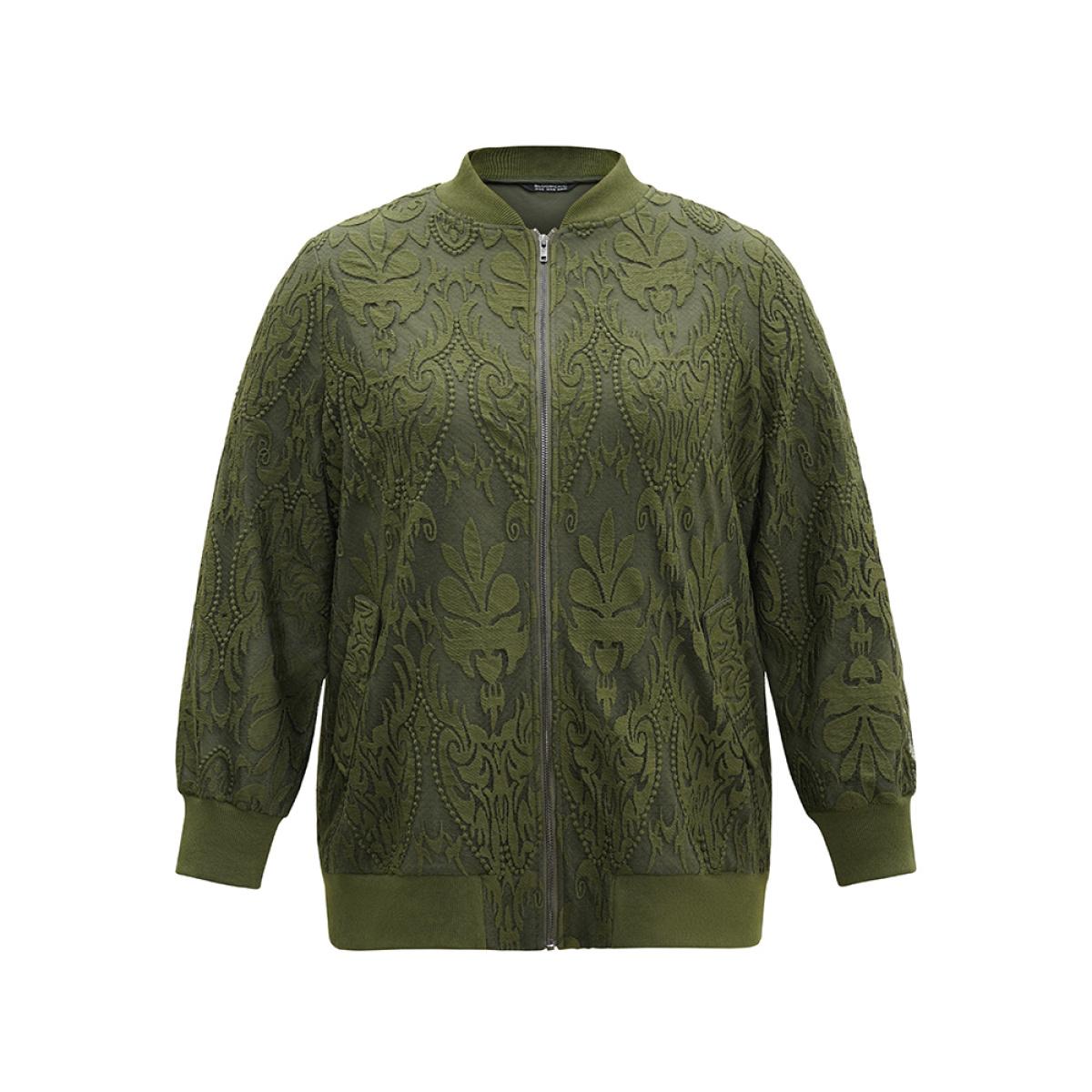 Plus Size Silhouette Floral Print Zipper Lace Panel Jacket Women ArmyGreen Elastic cuffs Pocket Everyday Jackets BloomChic 28/5X Product Image