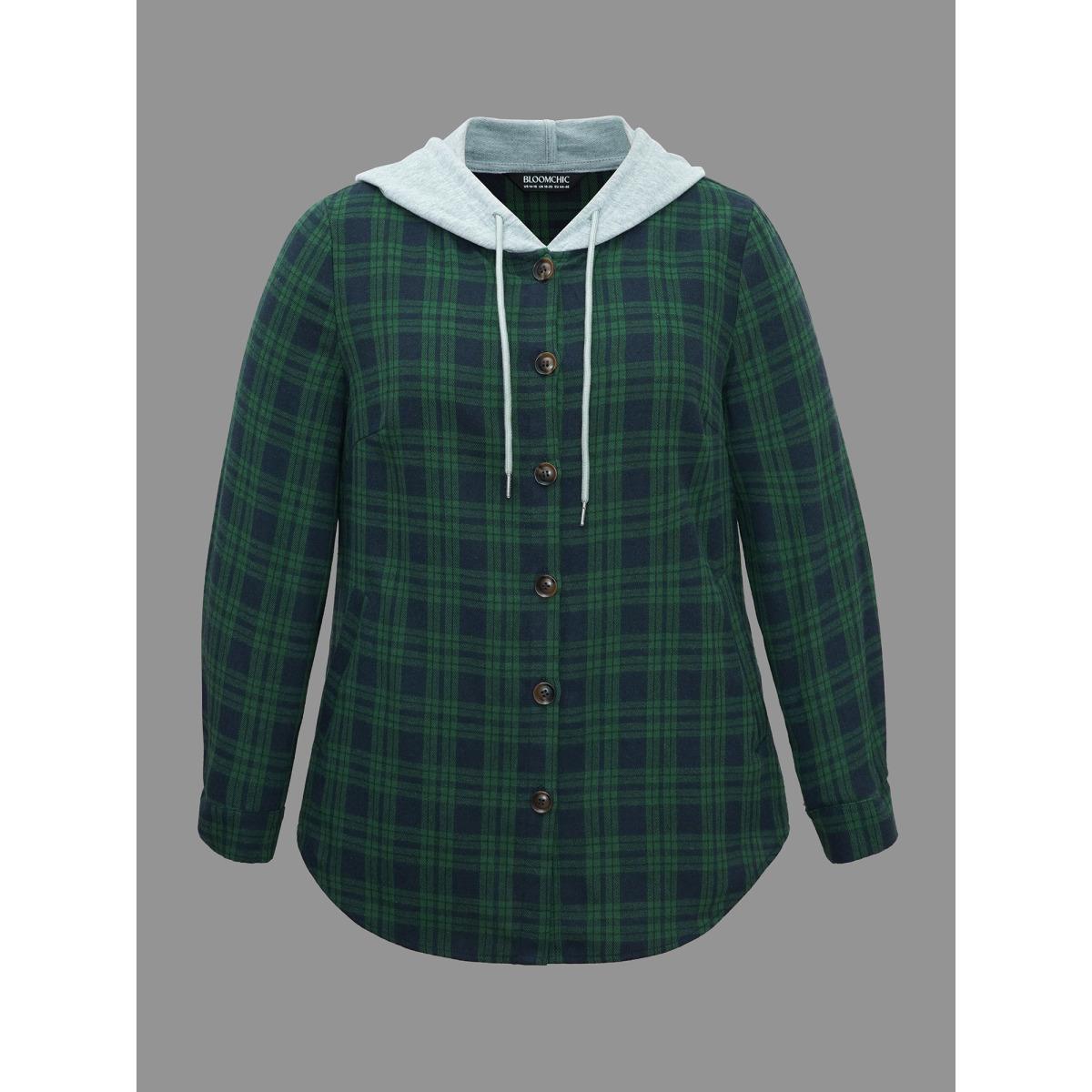Plus Size Plaid Hooded Drawstring Jacket Women DarkGreen Contrast Slanted pocket Everyday Jackets BloomChic 26/4X Product Image