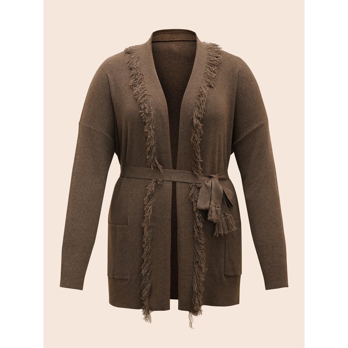 Plus Size Supersoft Essentials Tasseled Neckline Long Cardigan Browncoffeecolor Women Casual Loose Long Sleeve Everyday Cardigans BloomChic 14-16/1X Product Image