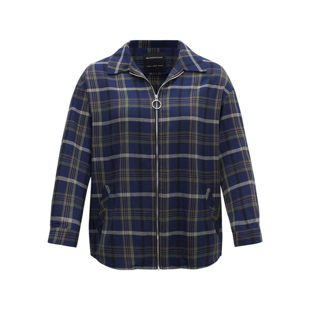 Plus Size Plaid Lapel Collar Pocket Zipper Fly Coat Women Indigo Zipper Pocket Dailywear Jackets BloomChic 18-20/2X Product Image