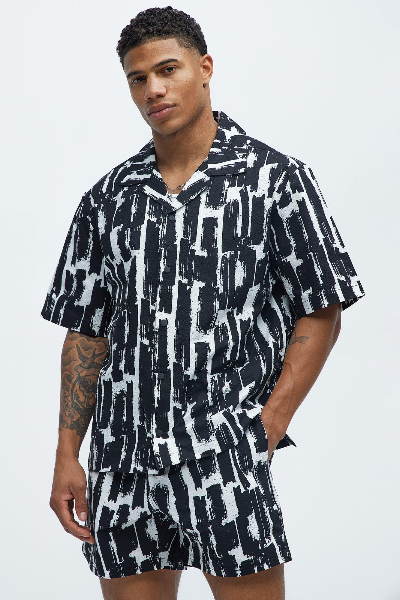 Seersucker Printed Short Sleeve Cuban Collar Shirt - Black/combo Product Image