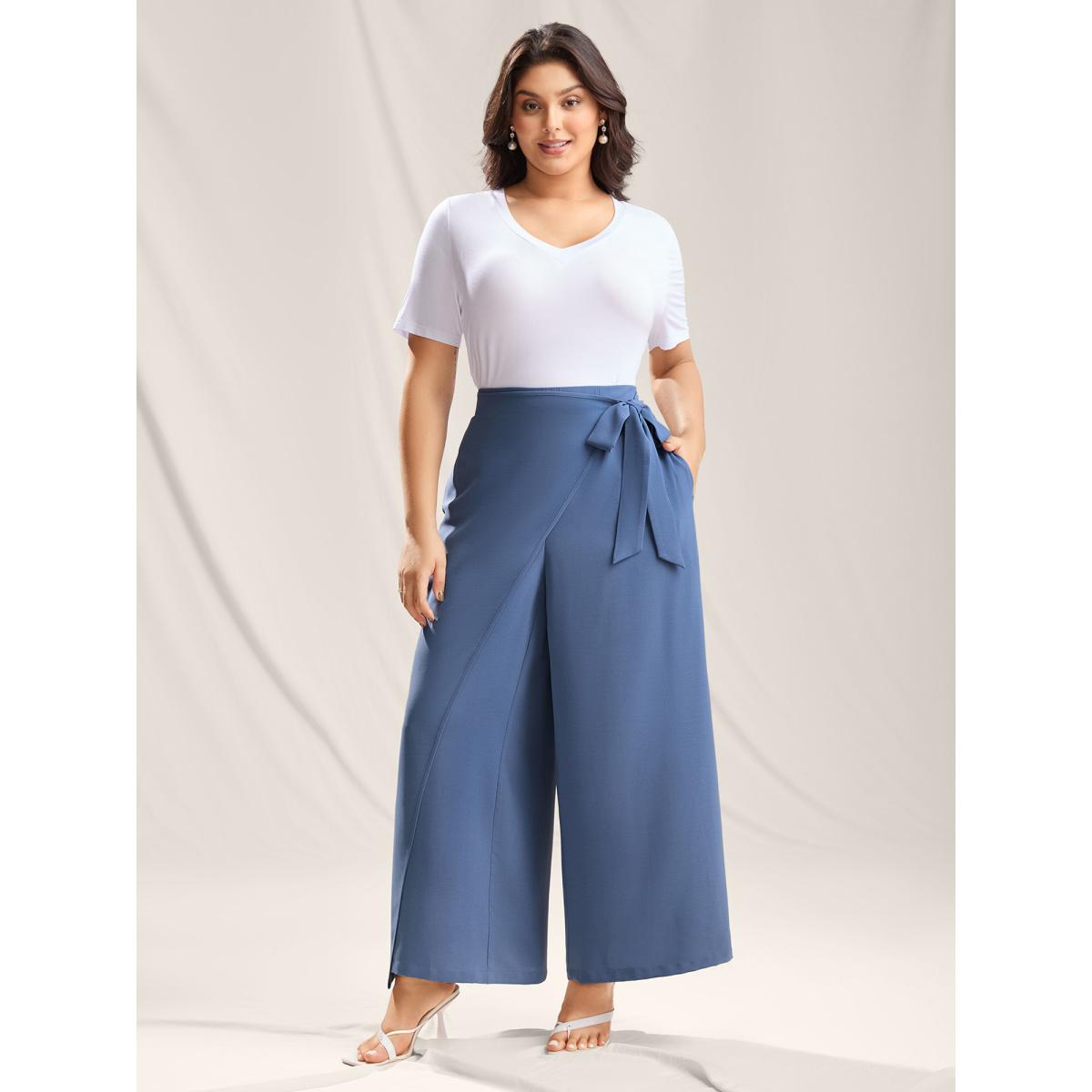 Plus Size Belted Wrap Detail Wide-Leg Pants Women Stone Romantic Wide Leg Mid Rise Elegant Pants BloomChic 26/4X Product Image