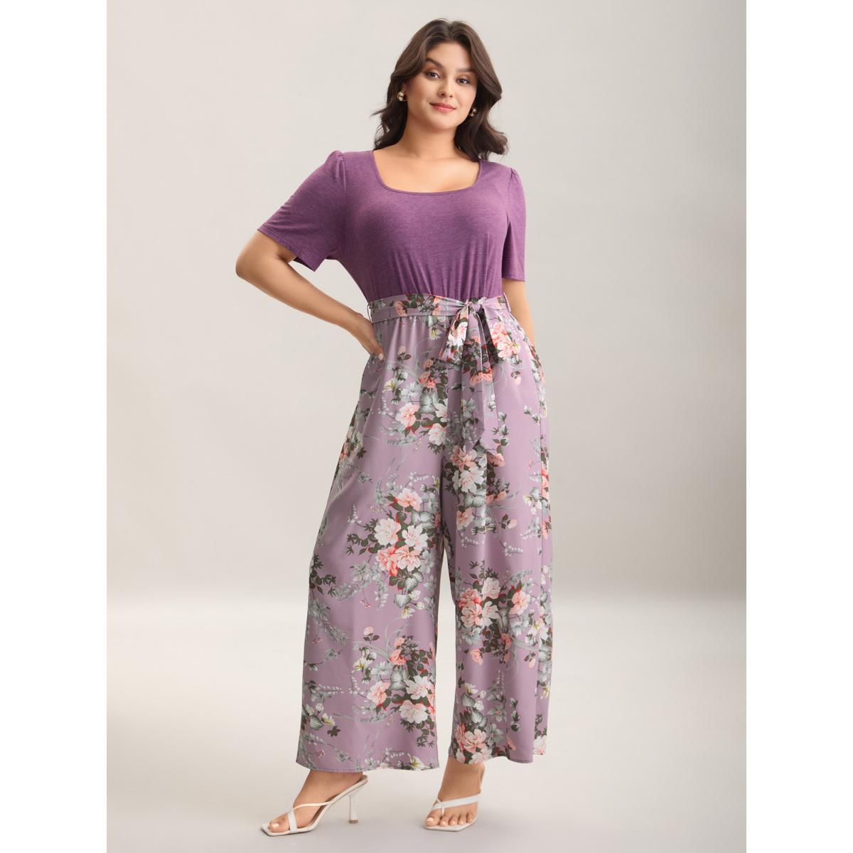 Plus Size Lilac Color Contrast Belted Panel Pockets Jumpsuit Women Timeless Short sleeve Square Neck Elegant Loose Jumpsuits BloomChic 30/6X Product Image