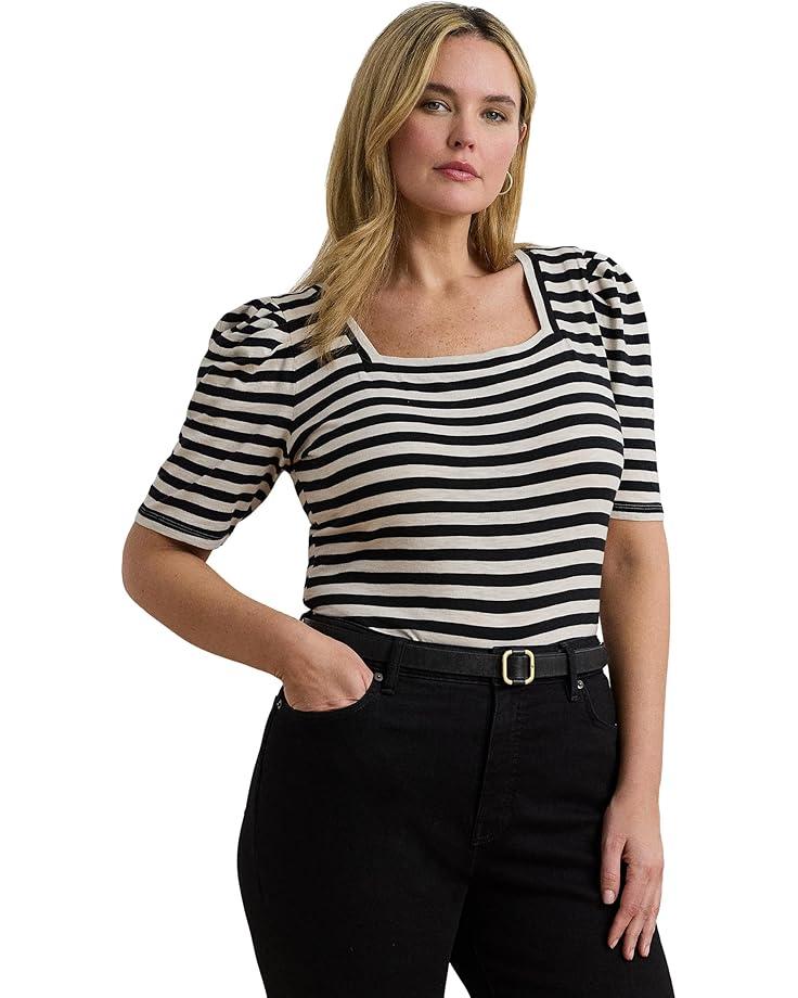 Plus Size Striped Stretch Cotton Crewneck Tee Product Image