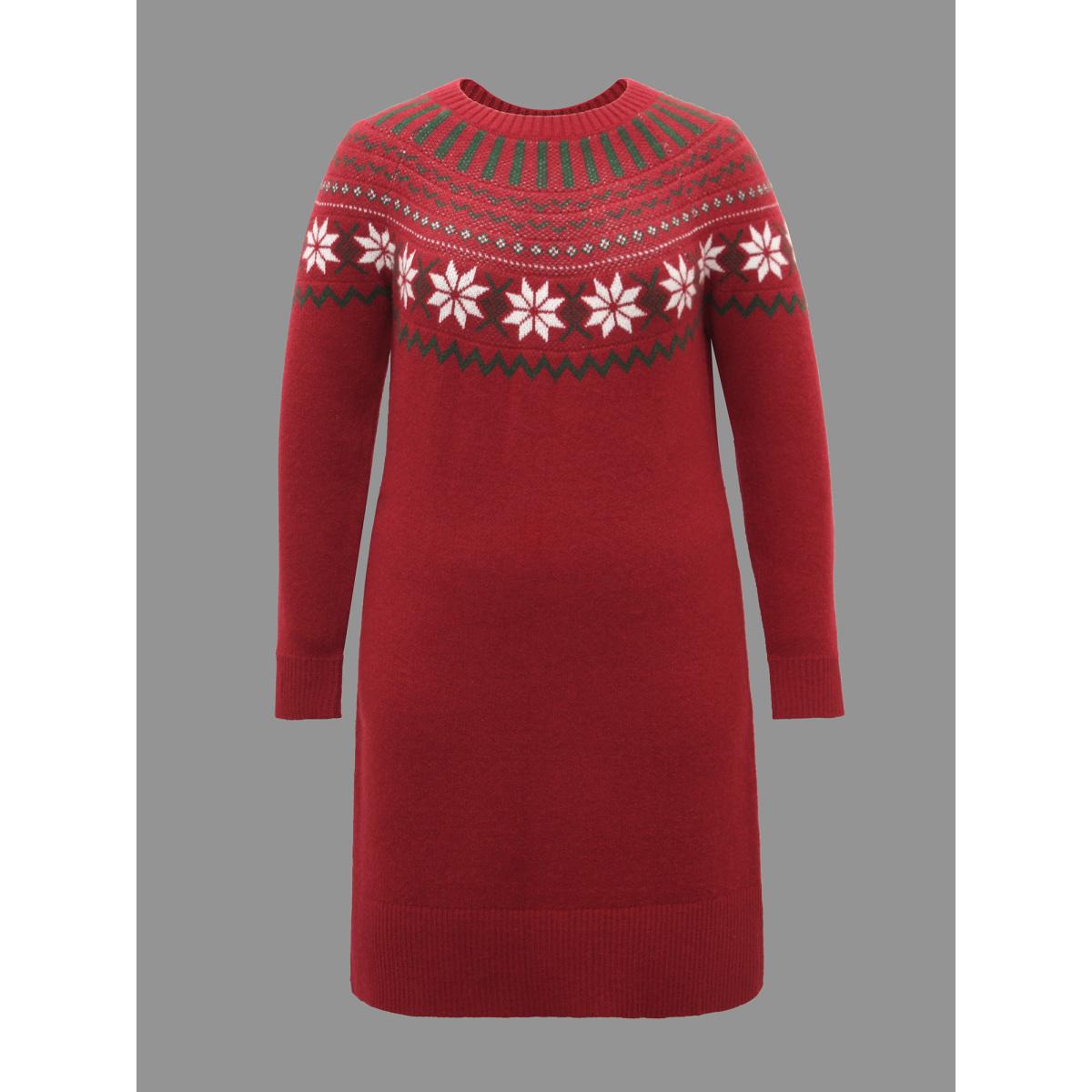 Plus Size Fair Isle Geometric Midi Sweater Dress Scarlet Women Casual Loose Long Sleeve Everyday Sweater Dresses BloomChic 30/6X Product Image