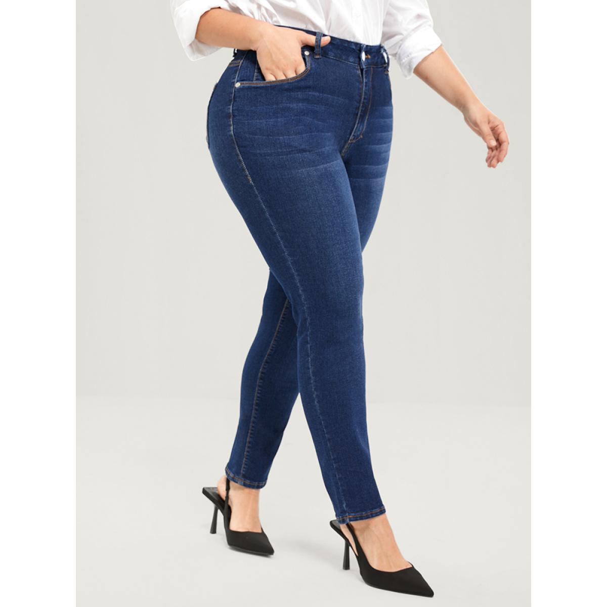 Plus Size Straight Very Stretchy High Rise Dark Wash Jeans Women DarkBlue Casual Plain Plain High stretch Pocket Jeans BloomChic 12/L Product Image