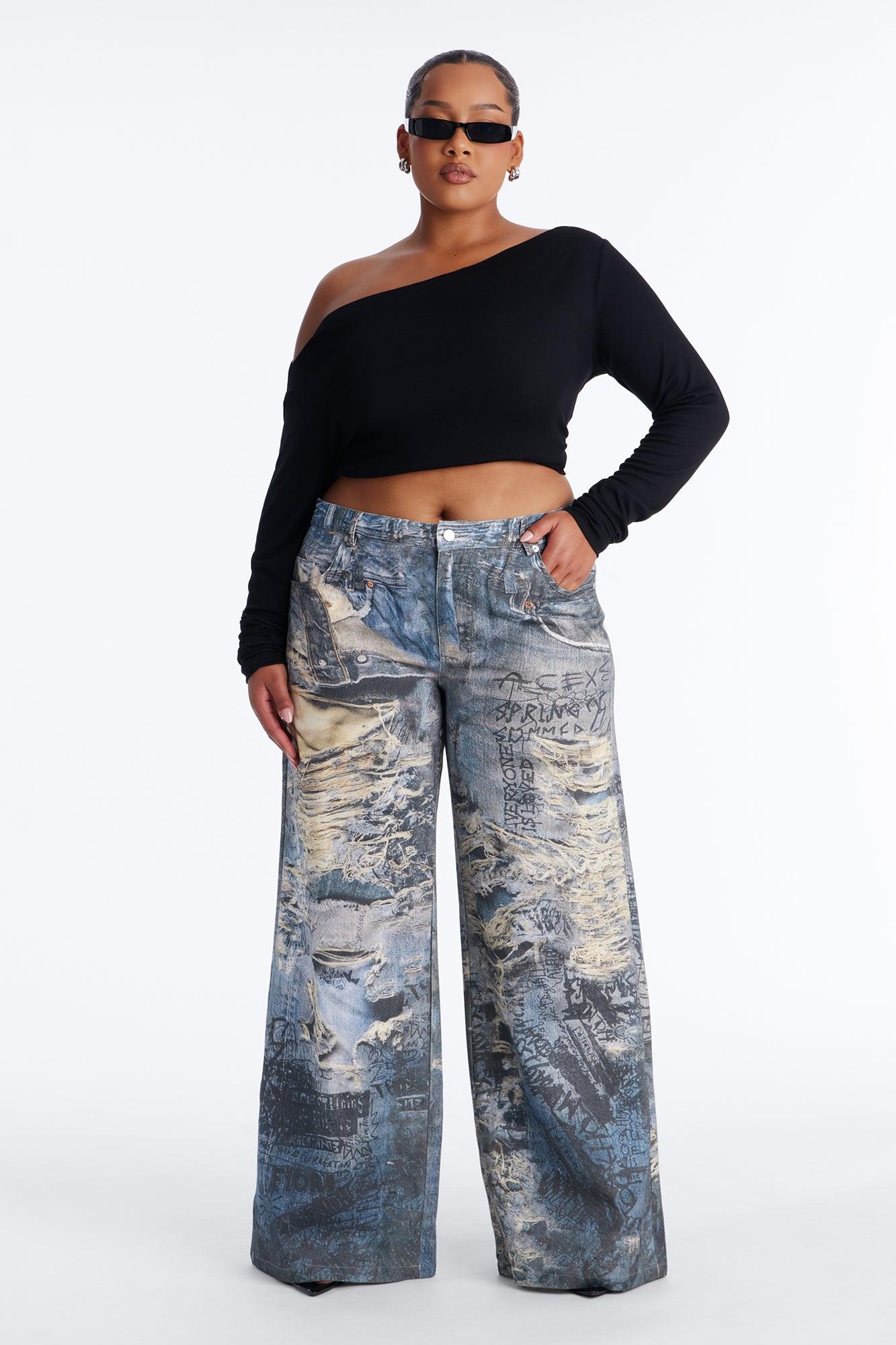 Rebel Rules Low Rise Distressed Denim Print Pant 33″ - Blue/combo Female Product Image
