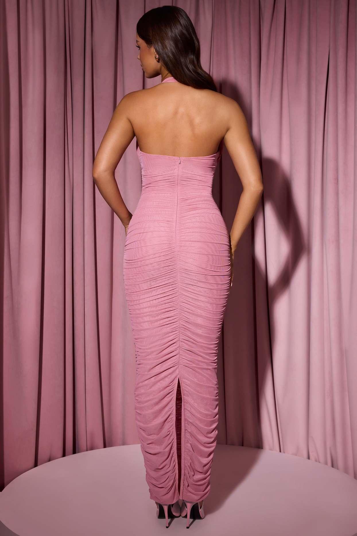 Bow-Embellished Ruched Halterneck Maxi Dress in Dusty Pink Product Image