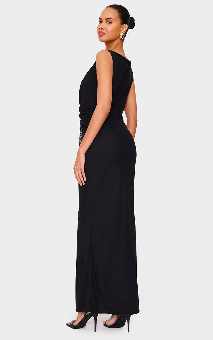 Black Mesh Overlay Draped Knot Detail Maxi Dress Product Image