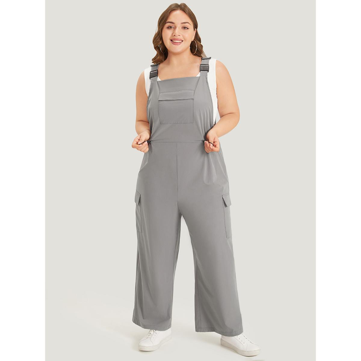 Plus Size Gray Solid Flap Pocket Drawstring Side Overall Jumpsuit Women Casual Sleeveless Spaghetti Strap Dailywear Loose Jumpsuits BloomChic 26/4X Product Image