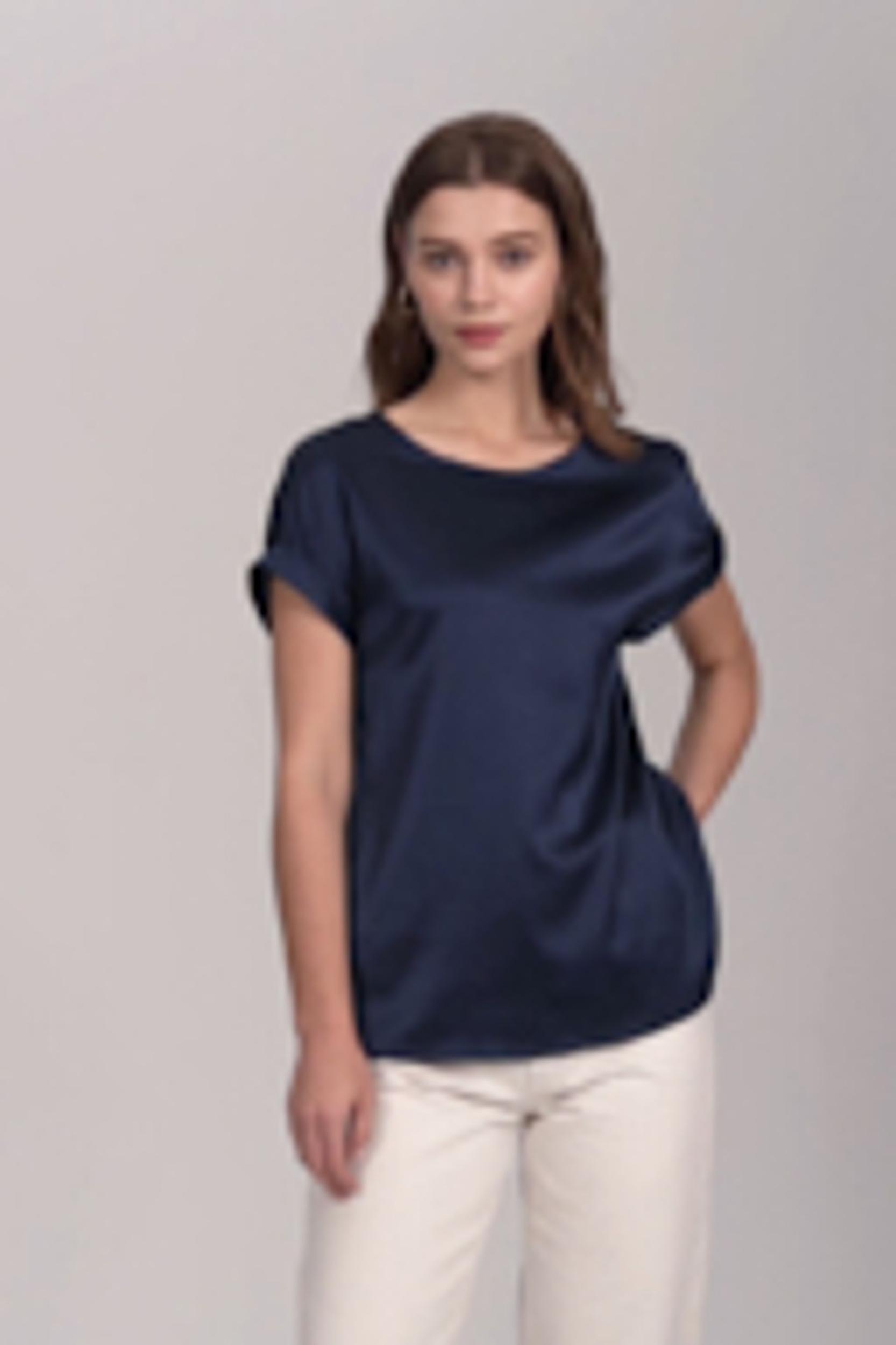 LILYSILK Women Silk Tee Shirts Black Quality Stretchy Silk Soft Classic Round Neck Rolled Cuffs Silk Top XS Product Image