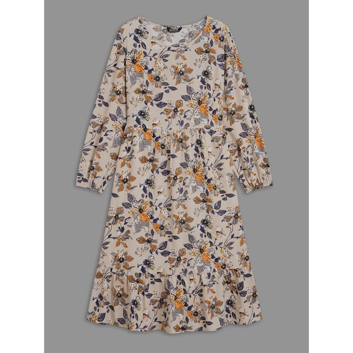 Plus Size Floral Stretchy Waist-Cinched Pocket Dress Tan Women Elegant Non Round Neck Long Sleeve Curvy BloomChic 30/6X Product Image