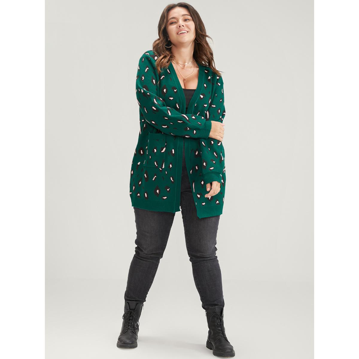 Plus Size Leopard Super Soft Knit Pocket Jacquard Open Front Cardigan DarkGreen Women Casual Long Sleeve Dailywear Cardigans BloomChic 28/5X Product Image