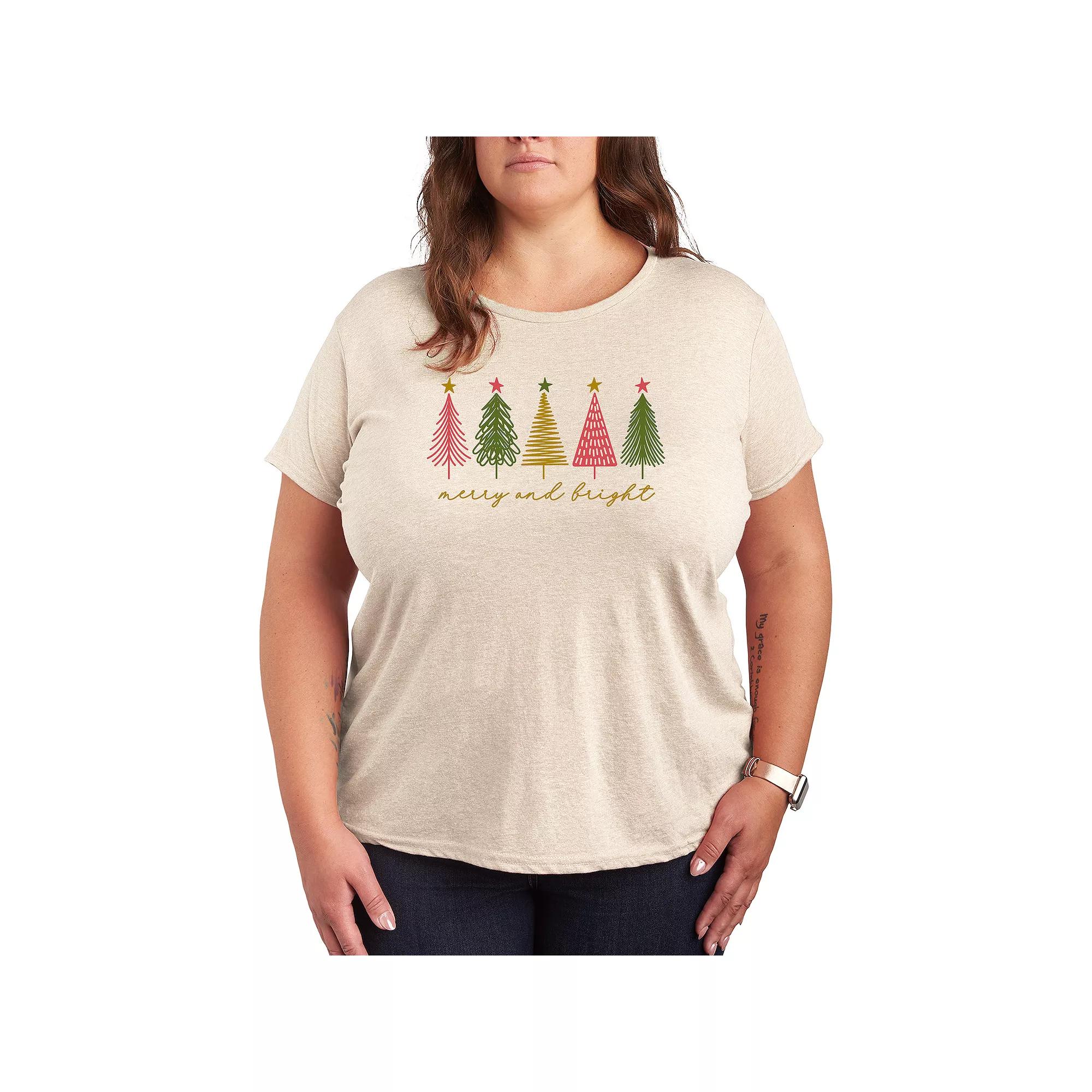 Plus Size Merry & Bright Christmas Trees Graphic Tee, Women's, Size: 2XL, Beige Product Image
