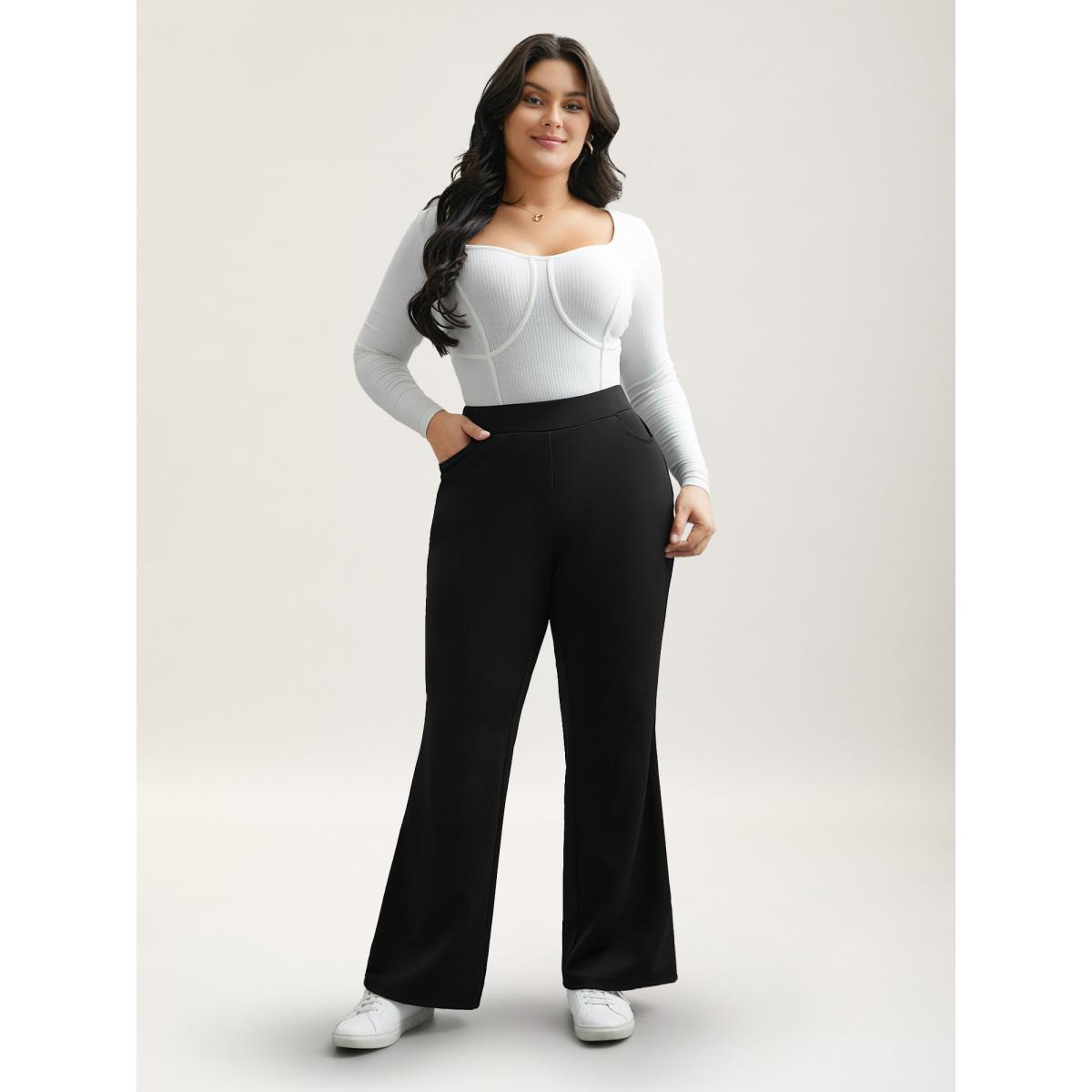 Plus Size Stretchy Waist Pockets Flared Pants Women Black Office Bootcut Mid Rise Office Pants BloomChic 14-16/1X Product Image