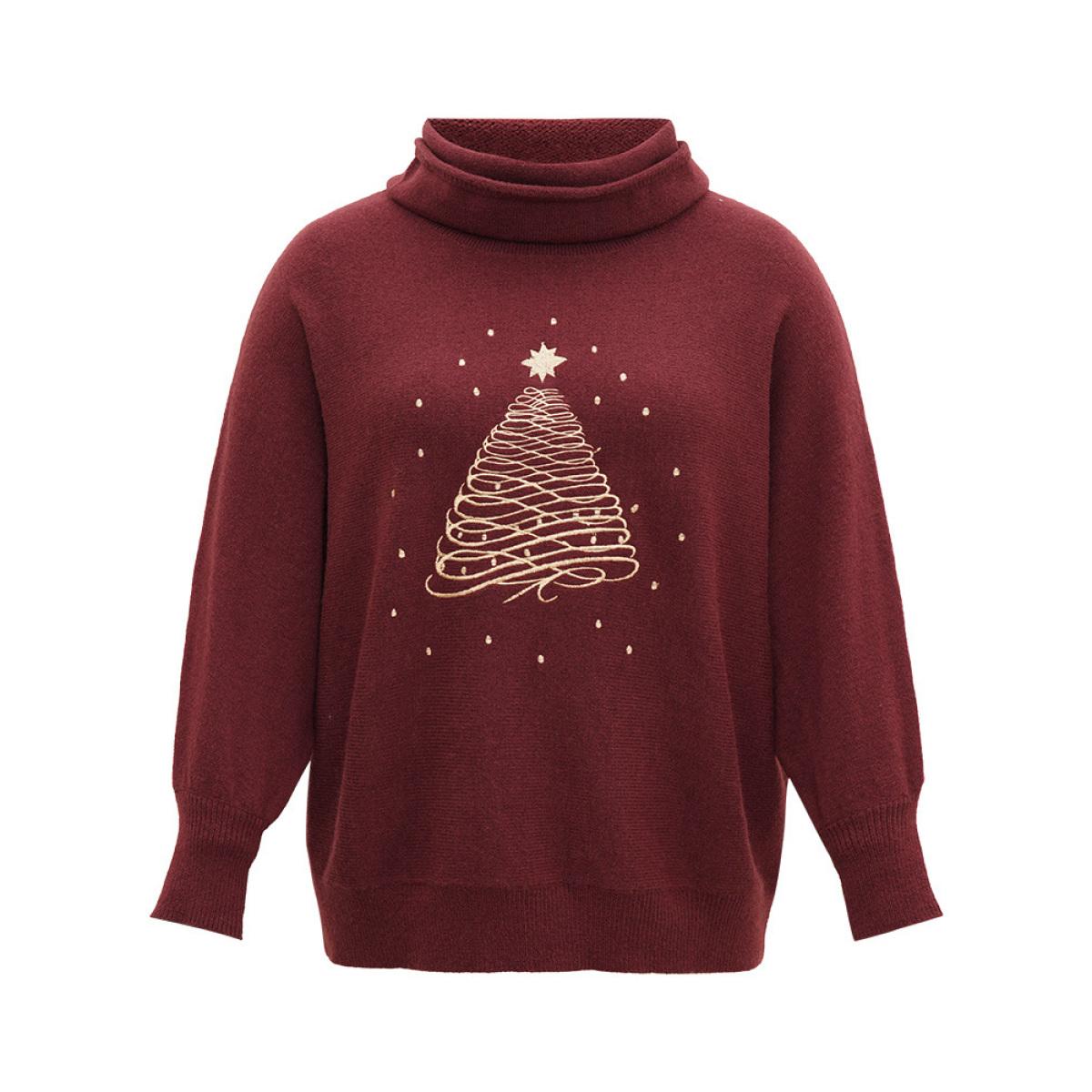 Plus Size Anti-Pilling Christmas Embroidered Turtle Neck Pullover Burgundy Women Casual Loose Long Sleeve Turtleneck Festival-Christmas Pullovers BloomChic 18-20/2X Product Image