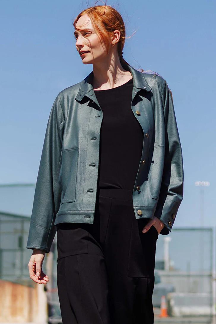 Liquid Leather Button Front Jacket W/ Large Pockets Product Image