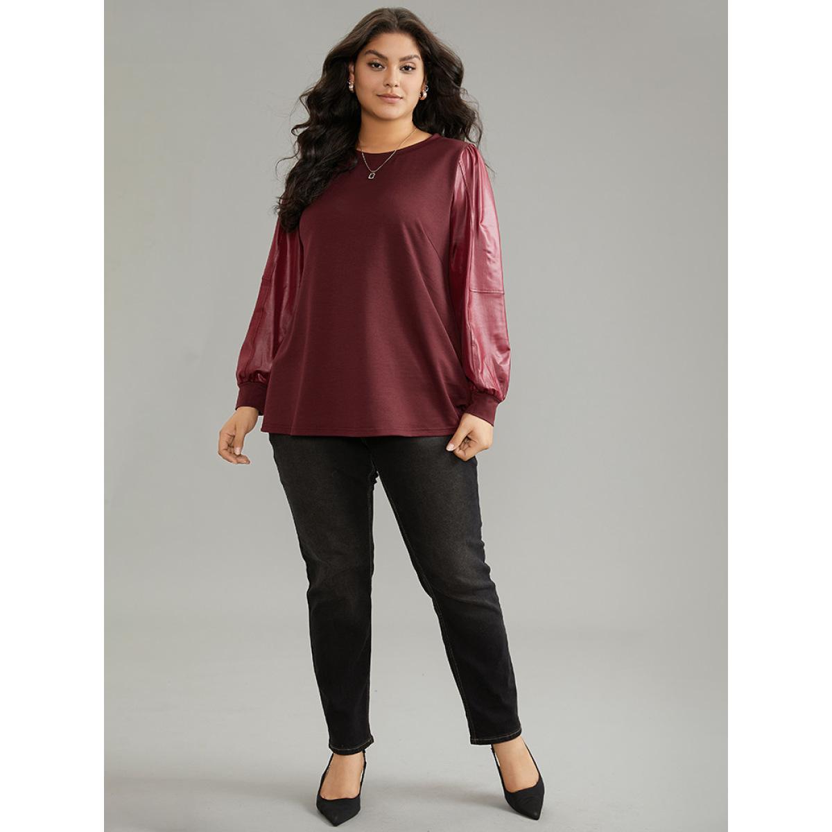 Plus Size PU Leather Patchwork Crew Neck Sweatshirt Women Scarlet Elegant Plain Round Neck Dailywear Sweatshirts BloomChic 30/6X Product Image