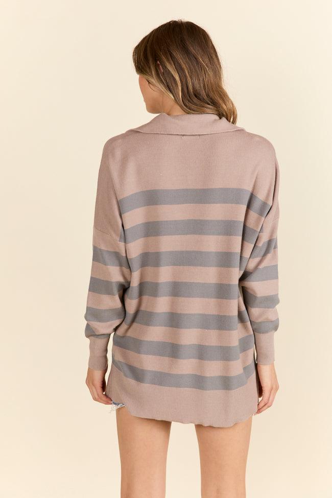 Pulling Heartstrings Taupe Striped Quarter Zip Pullover FINAL SALE Product Image