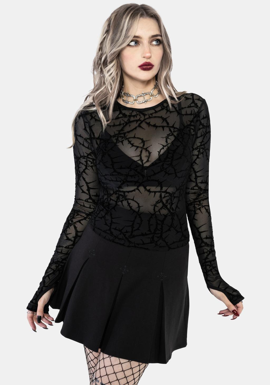 Prickle Thorn Print Mesh Long Sleeve Top - Black Product Image