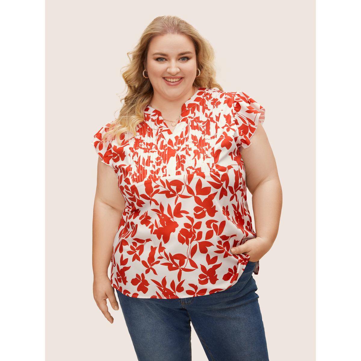 Plus Size OrangeRed Silhouette Floral Print Notched Collar Pleated Blouse Women Resort Cap Sleeve Notched collar Vacation Blouses BloomChic 12/L Product Image