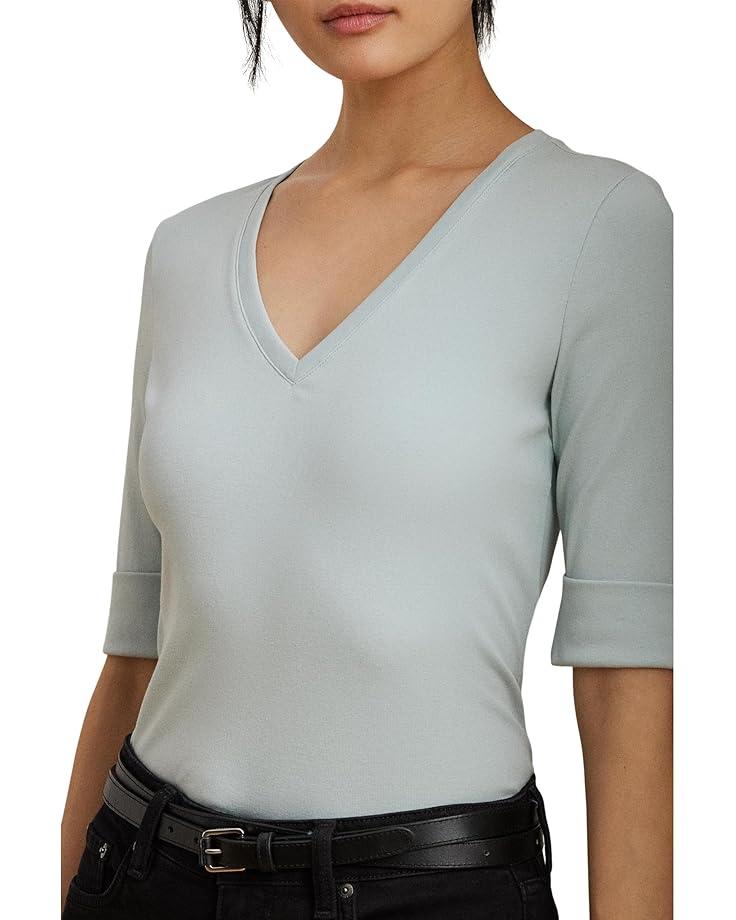 Petite Striped Cotton Elbow-sleeve V-neck Tee Product Image