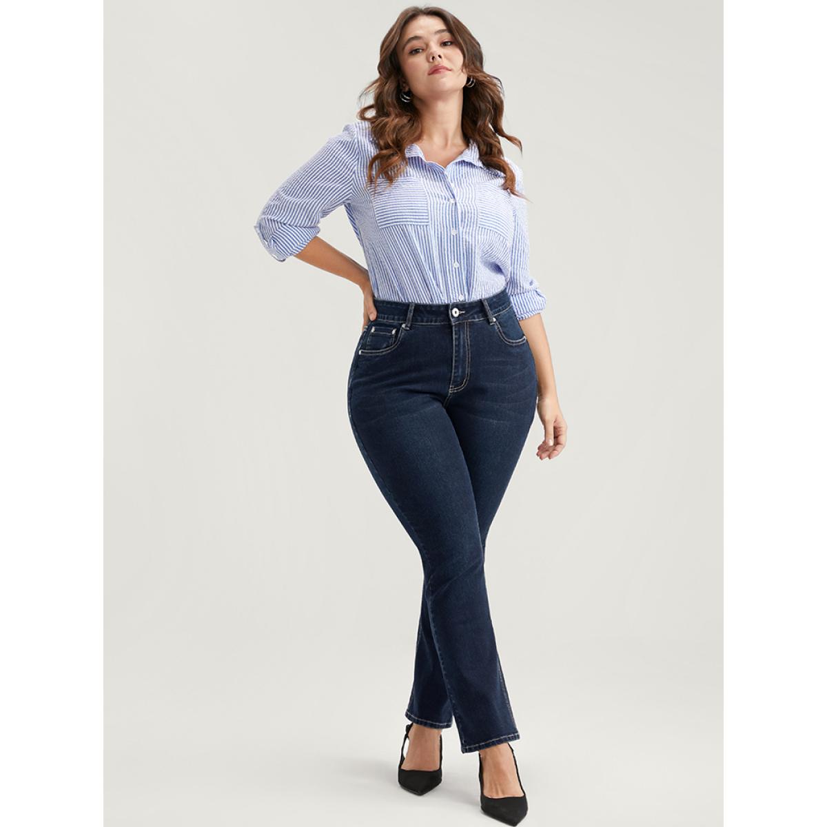 Plus Size Bootcut Very Stretchy High Rise Dark Wash Full Jeans Women DarkBlue Office Plain High stretch Pocket Jeans BloomChic 20/2X Product Image