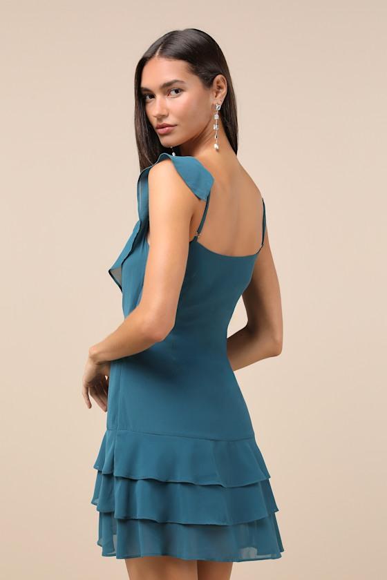 Alluring Presence Teal Blue Ruffled Tiered Mini Dress Product Image