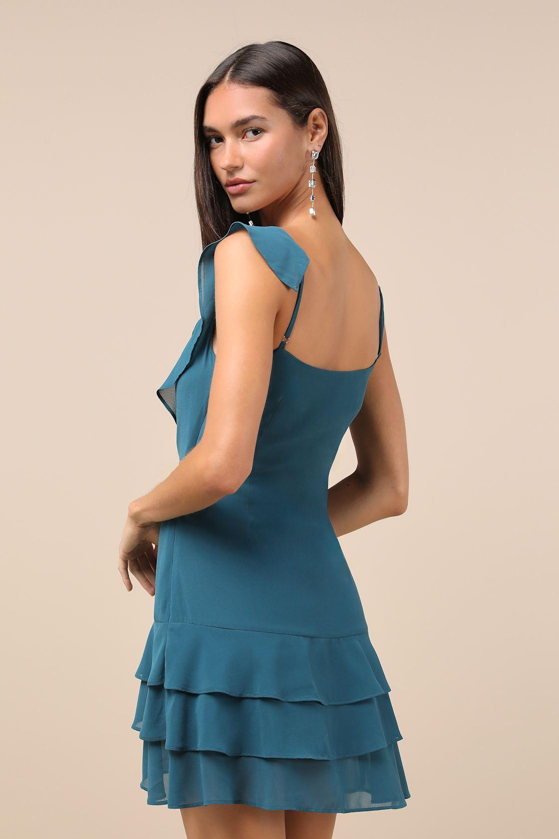 Alluring Presence Teal Blue Ruffled Tiered Mini Dress Product Image