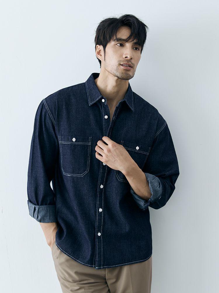 Long Sleeve Collared Washed Denim Shirt Product Image