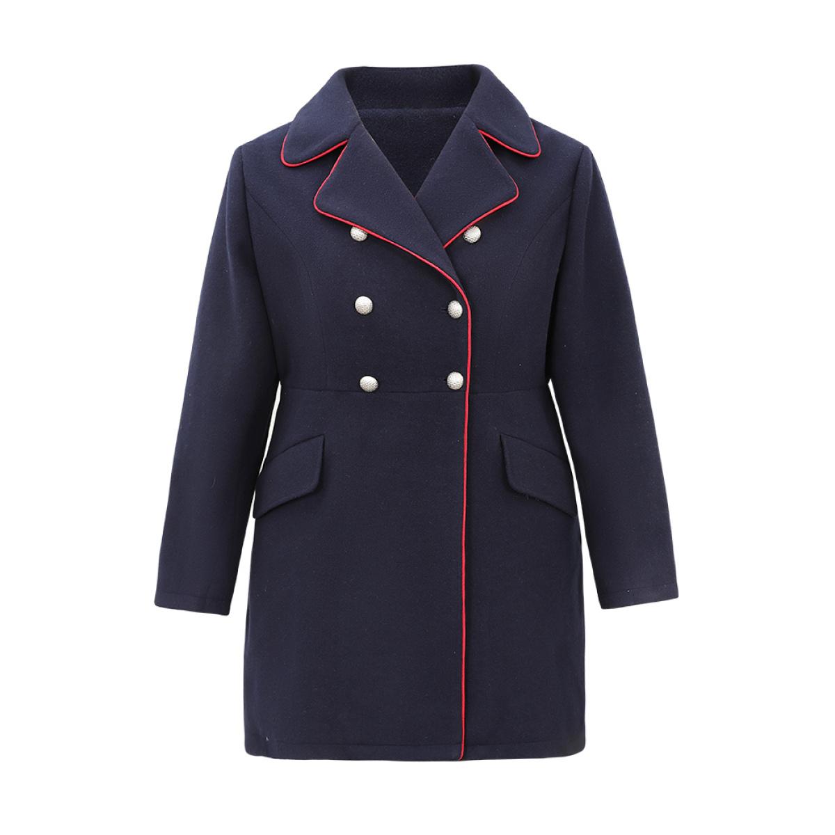 Plus Size Contrast Trim Buckle Detail Flap Pocket Lapel Collar Coat Women Indigo Casual Lined Ladies Dailywear Winter Coats BloomChic 30/6X Product Image