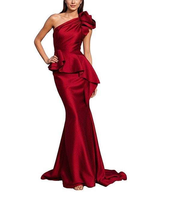 Terani Couture Taffeta One Floral Applique Shoulder Peplum Gown Product Image