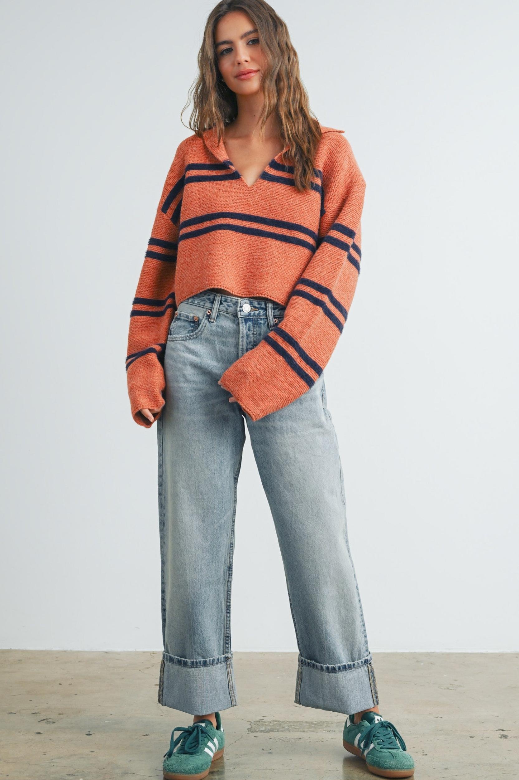 Stripe Cozy Collared Crop Sweater Product Image