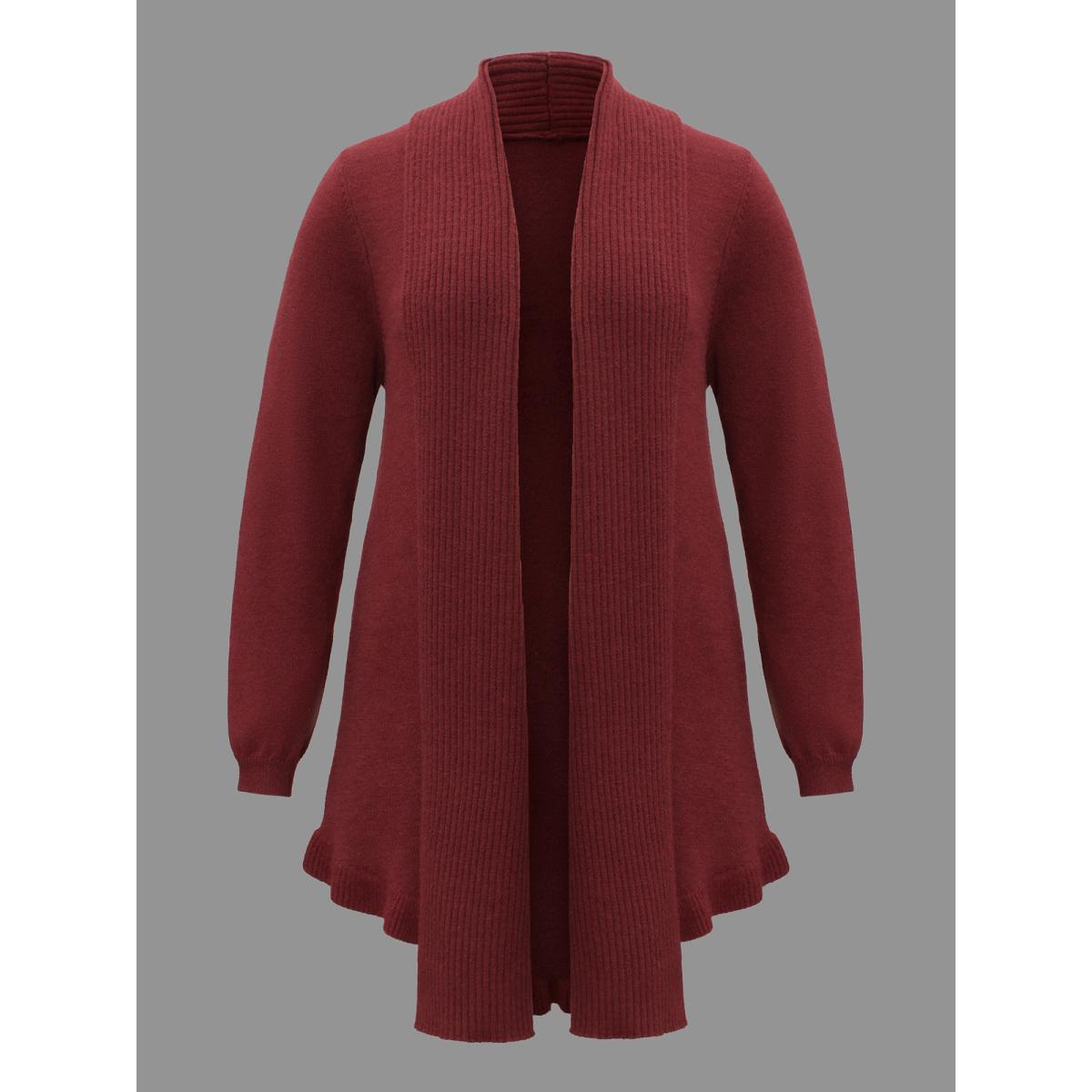 Plus Size Kimono Collar Texture Knit Ruffle Hem Cardigan Deepred Women Casual Loose Long Sleeve Everyday Cardigans BloomChic 28/5X Product Image