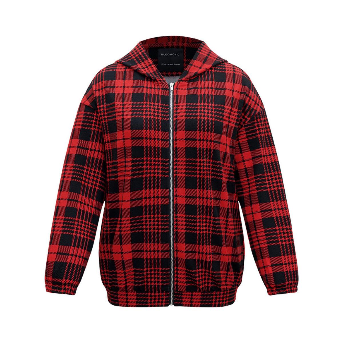 Plus Size Plaid Zipper Hooded Jacket Women Raspberry Elastic cuffs Everyday Jackets BloomChic 12/L Product Image