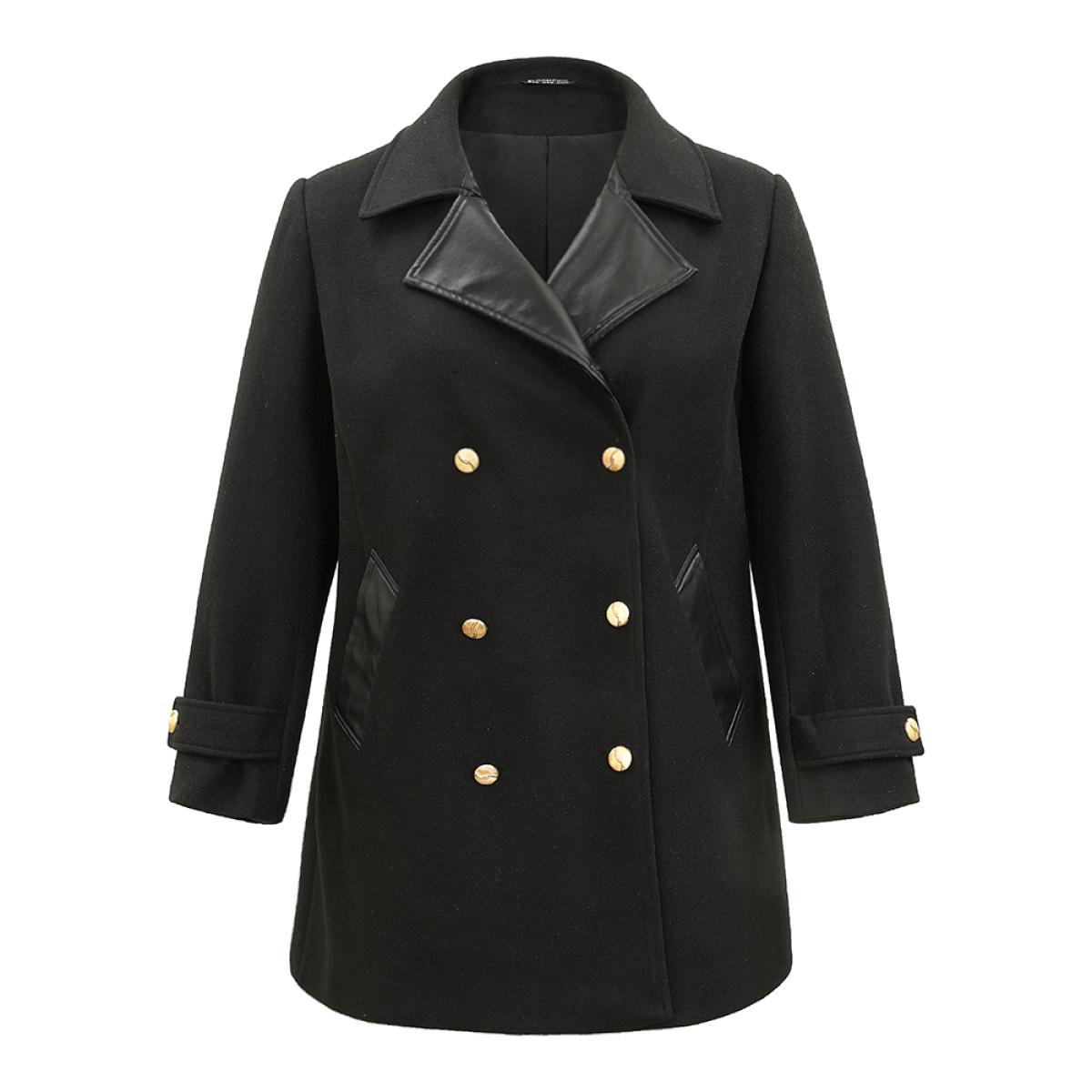 Plus Size PU Patchwork Pocket Double Breasted Jacket Women Black Lined Pocket Dailywear Jackets BloomChic 10/M Product Image