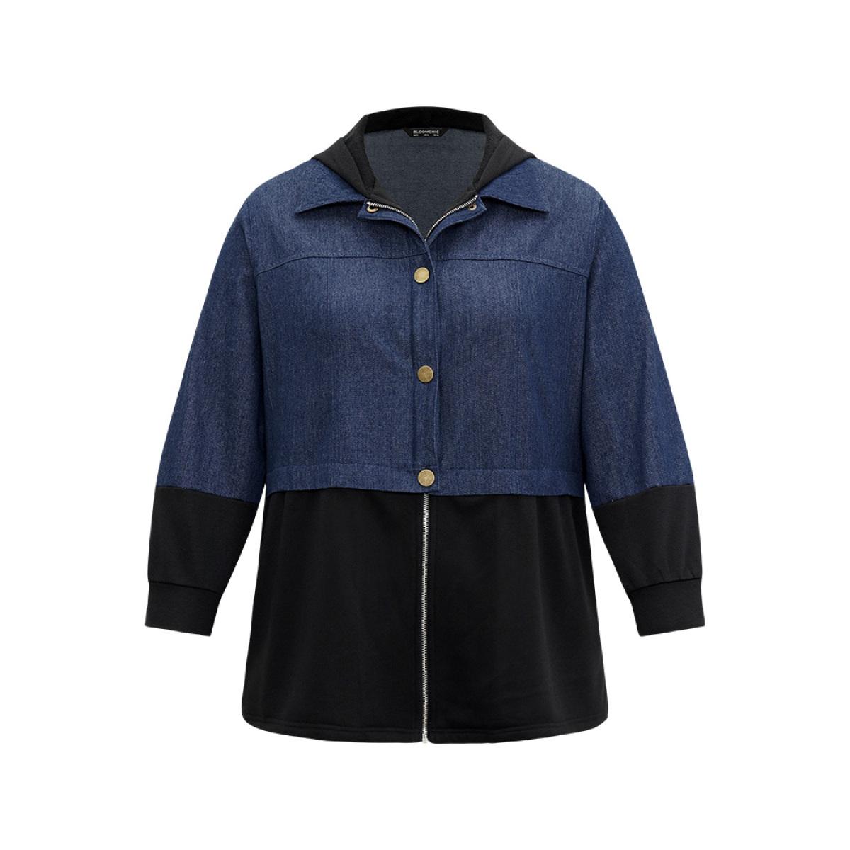 Plus Size Contrast Patchwork Button Up Pocket Zipper Coat Women Black Casual Contrast Ladies Everyday Winter Coats BloomChic 28/5X Product Image