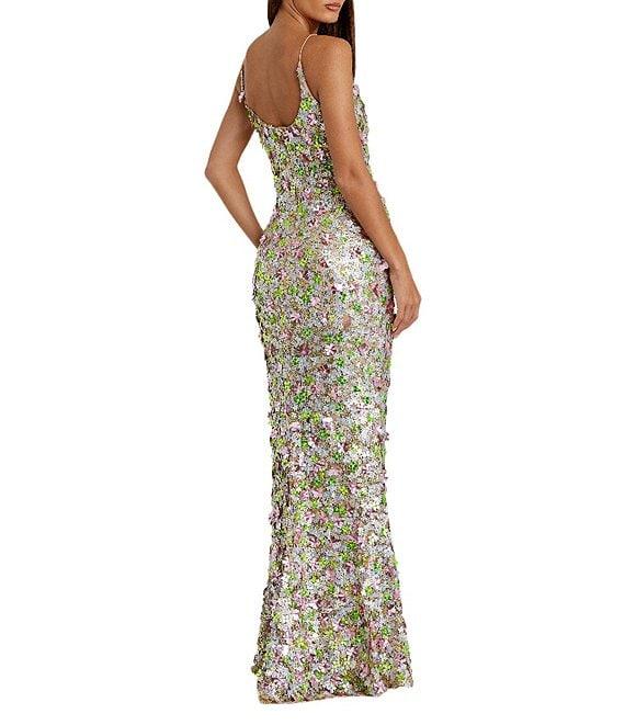 Mac Duggal Scoop Neck Floral Pailletee Embellished Mesh Column Gown Product Image