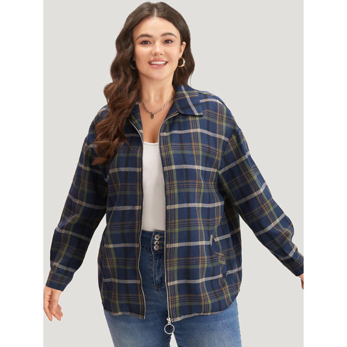 Plus Size Plaid Lapel Collar Pocket Zipper Fly Coat Women Indigo Zipper Pocket Dailywear Jackets BloomChic 18-20/2X Product Image