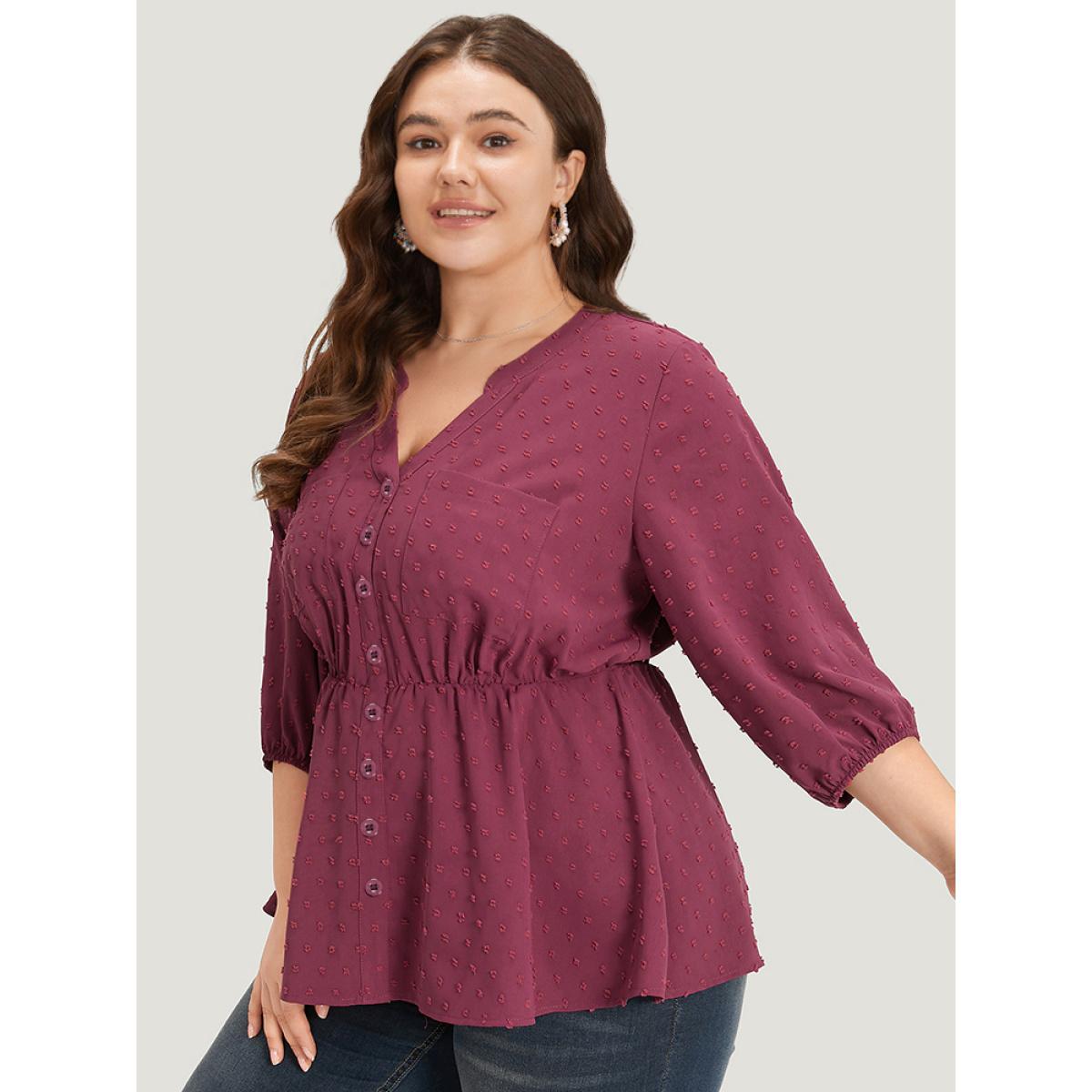 Plus Size Purple Plain Notched Button Through Lantern Sleeve Blouse Women Office Elbow-length sleeve Notched collar Office Blouses BloomChic 28/5X Product Image