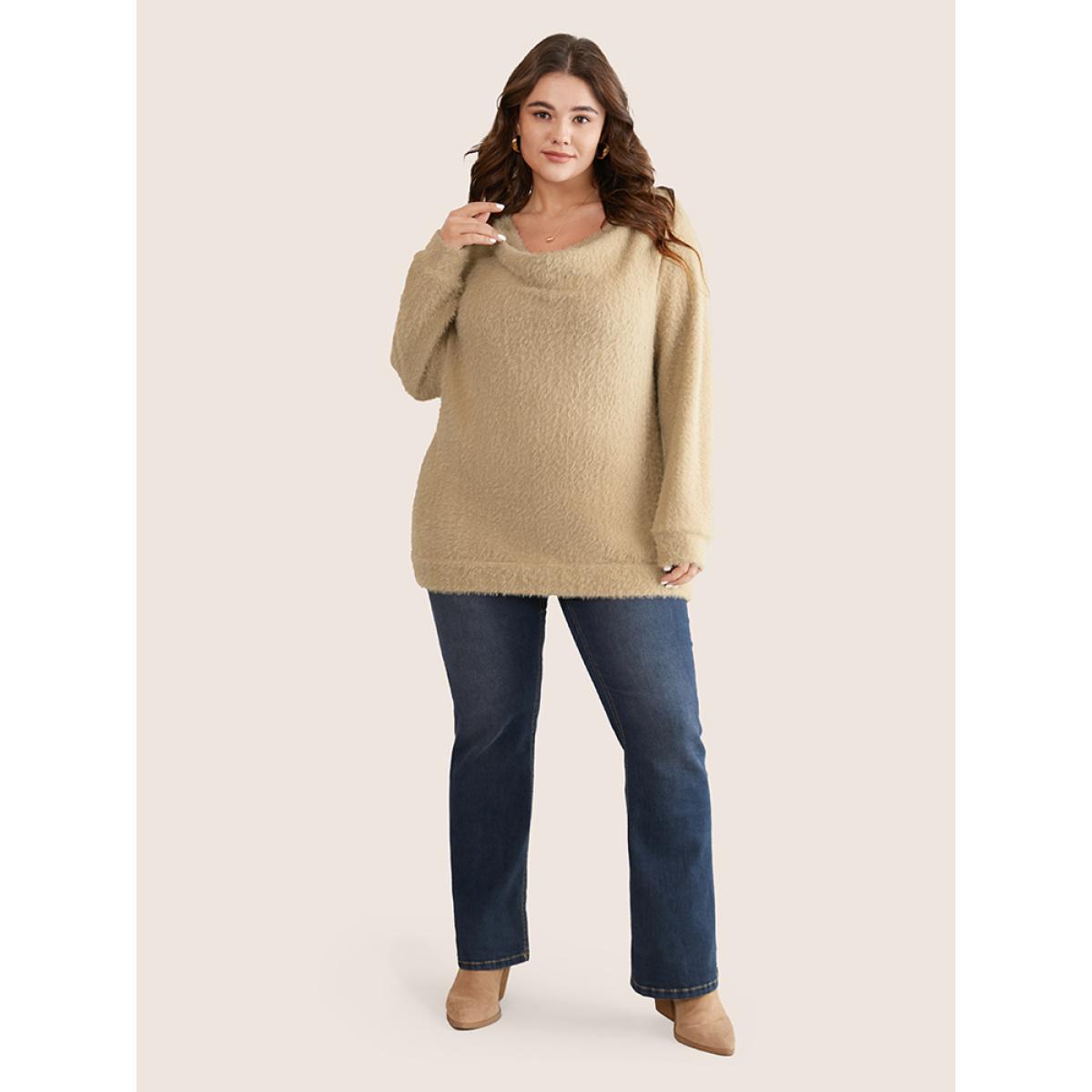 Plus Size Fuzzy Plain Cowl Neck Sweatshirt Women Tan Casual Texture Cowl Neck Dailywear Sweatshirts BloomChic 12/L Product Image
